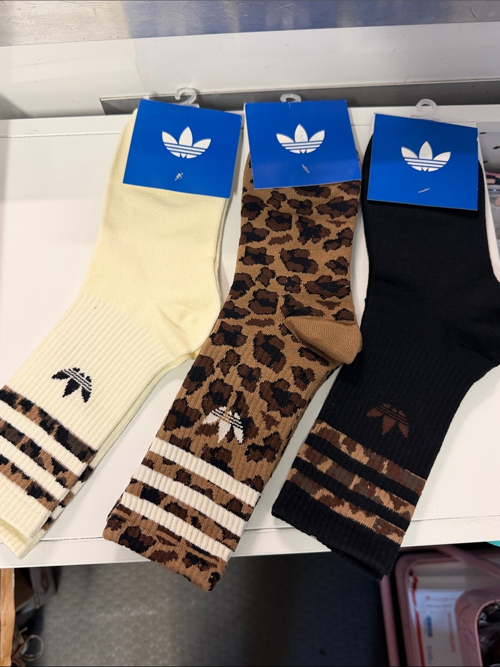 Adidas Men’s Crew Socks — Black, Cream & Leopard Trio